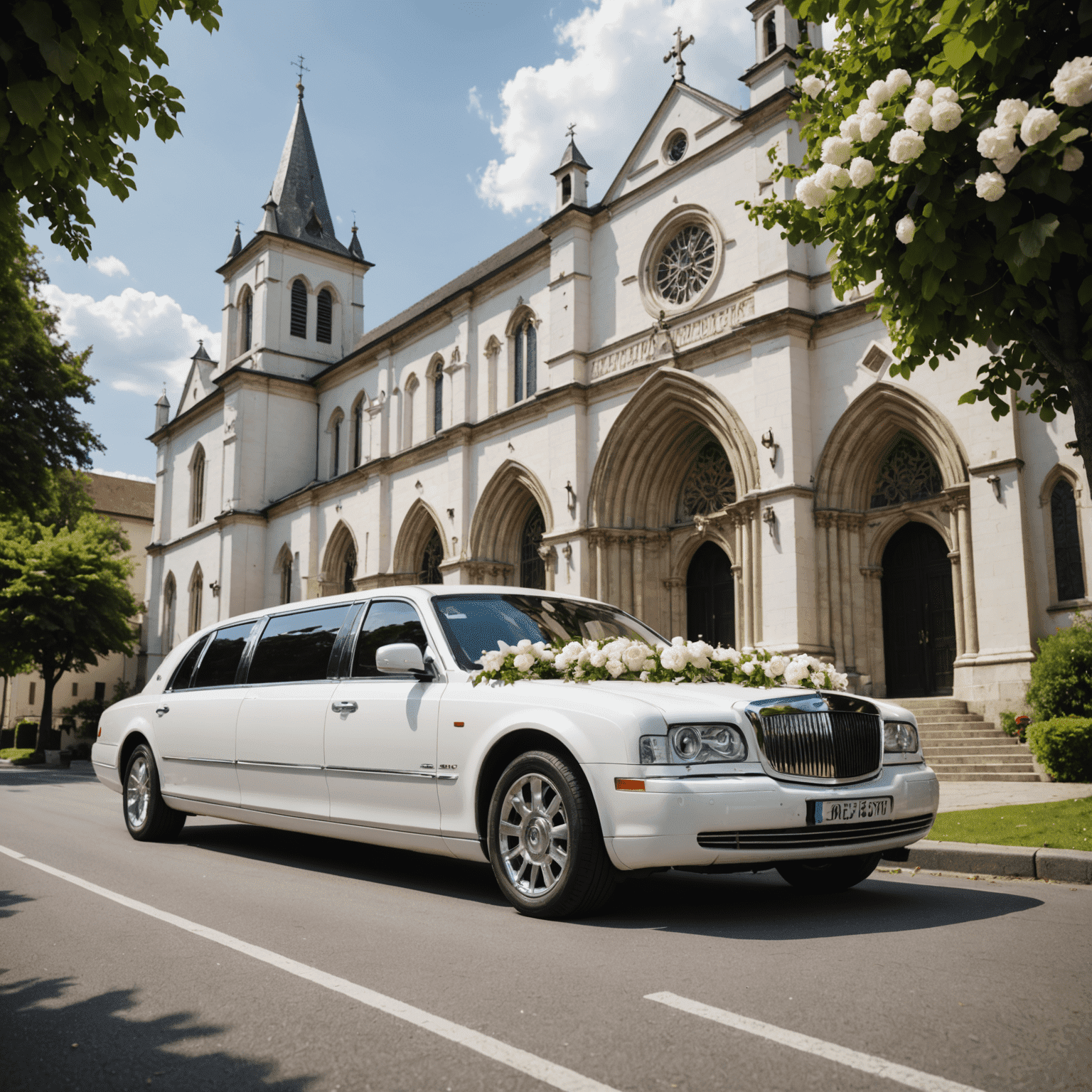 Luksusowy samochód ślubny - biała limuzyna ozdobiona kwiatami, zaparkowana przed eleganckim kościołem